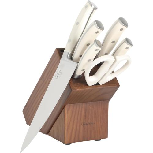 Sur La Table Kitchen Essentials Tasting Kitchen High-Carbon German Steel 8 Piece Full Tang Forged Cutlery Knife Block Set - Eggshell White W/Ashwood Block