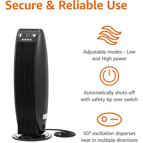 Amazon Basics Oscillating Tower Heater, With Digital Display, Remote Control, Timer, Over-Heat and Tip-Over Protection, Room Temperature Sensor, 2 Heat Settings, 1500W, Black, 8.6D x 8.6W x 23H