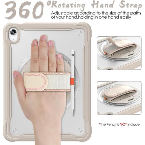 BRAECNstock case for iPad (A16) 11th/10th Generation 11/10.9 inch 2025/2022,Rugged Shockproof Protective Cover with 360° Rotating Hand Strap/Stand,Screen Protector,Pencil Holder,Khaki