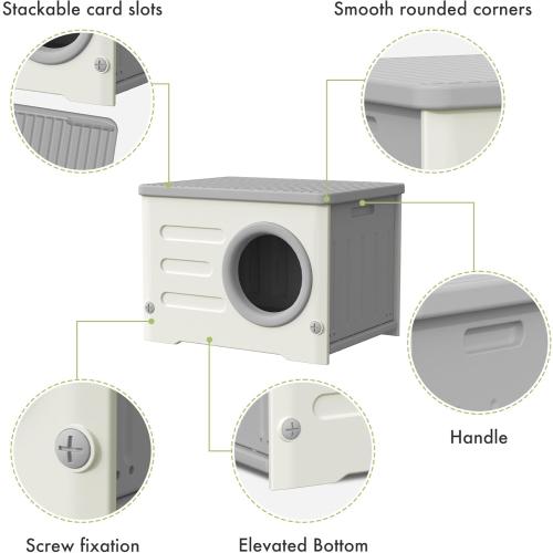 Outdoor Cat House Weatherproof, Insulated Heavy-Duty HDPE Feral Cat Shelter with Cozy Cushion, Elevated Stackable Round Entrance Cat House for All Seasons Indoor Outdoor (Grey and White)