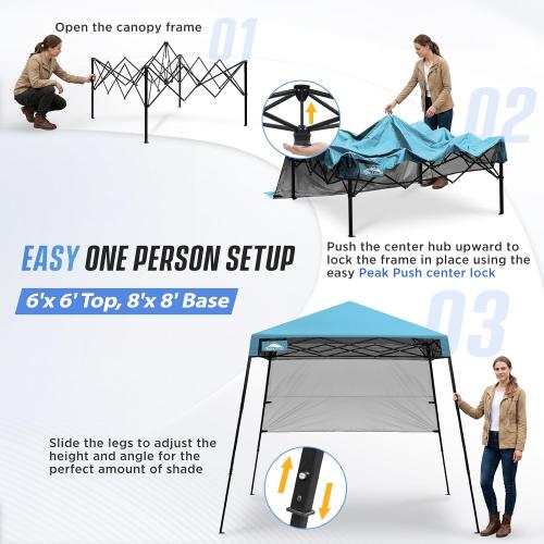 EAGLE PEAK 8x8 Pop Up Canopy Tent with Sidewall, Compact, Portable Slant Leg Instant Sun Shelter for Beach, Sports, & Camping, 8x8 Base 6x6 Top, Light Blue