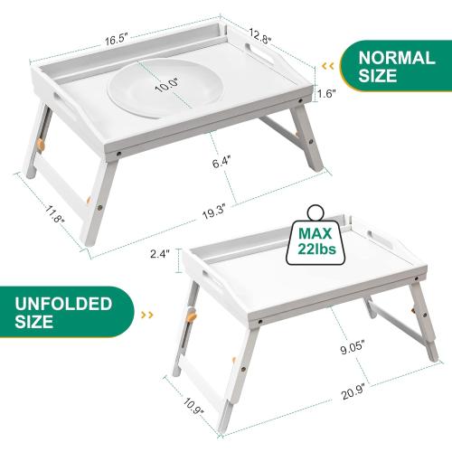 Bed Tray Table for Eating - Bamboo Breakfast Food Table with Phone Tablet Holder - Adjustable Height White Serving Tray with Folding Legs on Lap Sofa - Portable Laptop Snack Platter for Bedroom Picnic