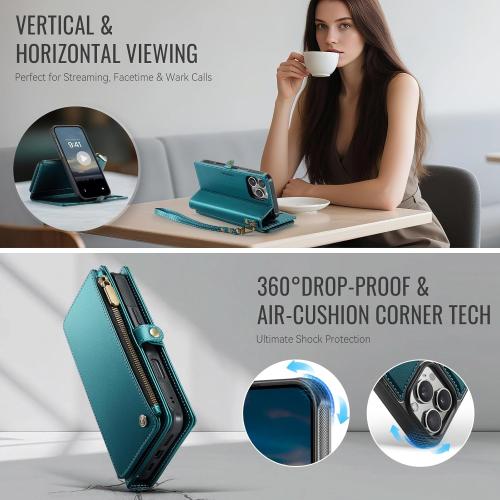 Defencase for iPhone 16 Pro Max Magnetic Wallet Case Compatible with Magsafe with RFID Blocking Zipper Strap Card Holder for Women PU Leather Detachable Case for iPhone 16 Pro Max (6.9), Blue Green