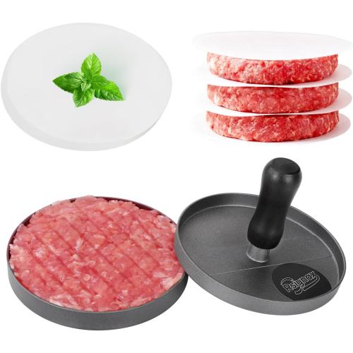 Burger Press Patty Maker, Non-Stick Aluminum Hamburger Mold with 100 Patty Papers for Kitchen Grill BBQ Camping