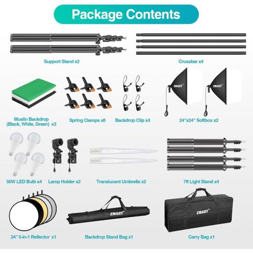 EMART 8.5 x 10 ft Backdrop Support System, Professional Photography Lighting Kit with 5500K 50W LED, 6 * 9ft Backdrop *3, Reflector,Umbrellas&Softbox Lighting Kit for Studio, Portrait, Video Shooting