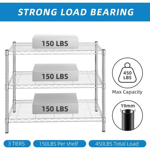 3-Shelf Adjustable Metal Shelf Wire Shelving Storage Rack for Office,Kitchen,Bedroom,Bathroom,Laundry,Pantry Basement,Garage(Chrome,36 L x 14 W x 30 H)