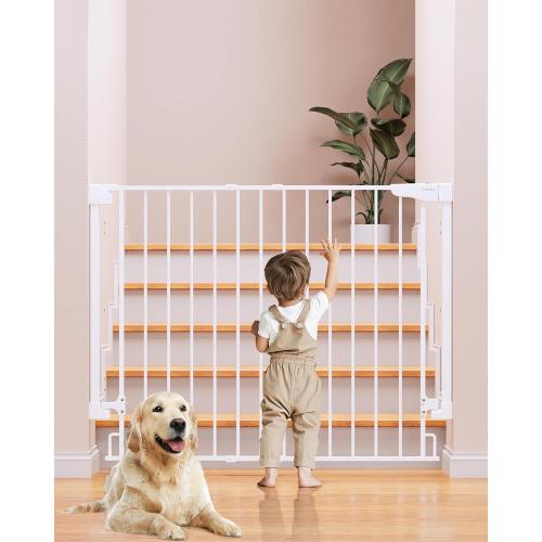 Cumbor 34 Extra Tall No Bottom Bar Baby Gate for Stairs, Hardware Mounted Dog Gate Indoor for Larger Pets, Expandable 29.2-43 Safety Gate for Doorways, Wide Walk Thru Door for Easy Access (White)