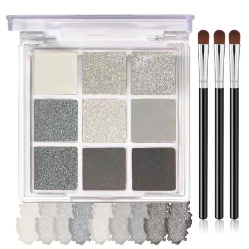 9 Color Smoky Eyeshadow Kit, Waterproof Long Lasting High Pigmented Shadows, Black, White, Silver & Gray, Glitter Eyeshadow Palette with 3 Brushes