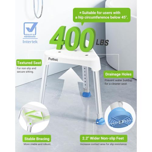 Space-Saving Triangular Shower Chair for Inside Shower, FSA/HSA Eligible 400 lbs Adjustable Shower Stool for Elderly and Disabled, Non-Slip Bathtub Chair with Stable-Bracing, Tool-Free Assembly, White