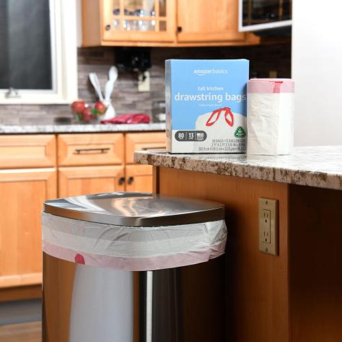 Amazon Basics 13 Gallon Tall Kitchen Drawstring Trash Bags, Clean Fresh Scent, 10% Post Consumer Recycled Material, 80 Count