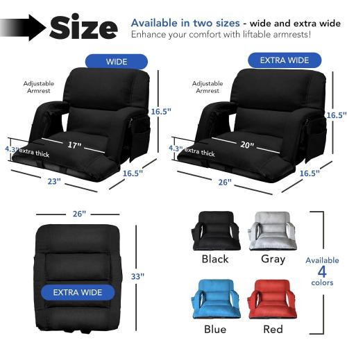 Extra Wide Stadium Seats With Back Support 2 Pack, Exclusive Sofa Style Design Thick Bleacher Chairs With Back and Cushion, 6 Reclining Positions - Ultimate Comfort for Sports Events (Black, 25)