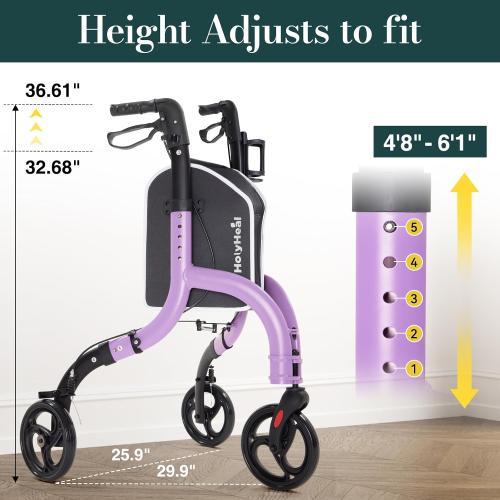 3 Wheel Walkers for Seniors, Lightweight Rollator Walkers Foldable for Elderly with Cane Hold and Cup Hold, Height Adjustable Aluminum Three Wheel Rolling Walker Mobility Aid, Purple