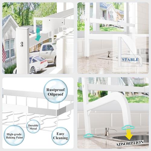 Over The Sink Dish Drying Rack, Adjustable (25.5 to 36.5 inch) 2 Tier Metal Steel Dish Drying Racks for Kitchen Counter with Hooks Paper Towel Utensil Cup Holder Sink Caddy (White)