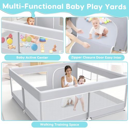 Grey 50*50*27 inches  Baby Playpen, 50x50 Inch Baby Playard for Babies and Toddlers, Play Pens for Indoor & Outdoor, Sturdy Safety Play Yard with Soft Breathable Mesh, Anti-Fall, Grey