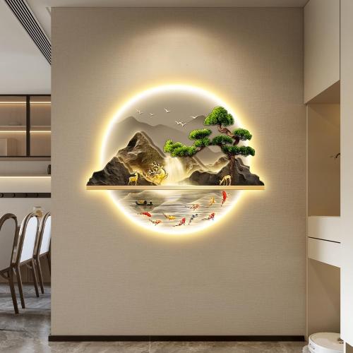 Zen LED Wall Art, Fish Wall Painting Decor with Led Light, Welcoming Pine Wall Decor Art, 3D Landscape Wall Sculpture Decoration, for Living Room Bedroom Office Entrance (B, 60×72cm)