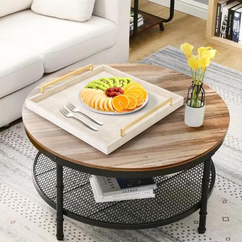 Large Ottoman Tray for Coffee Table,Square Shagreen Leather Decorative Tray with Gold Handles for Living Room Decor