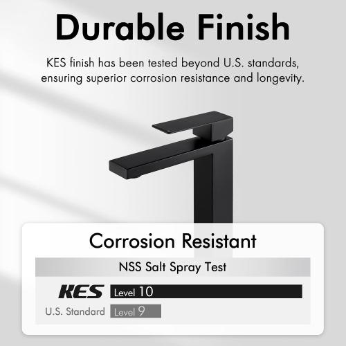 KES Bathroom Faucet Black Vessel Sink Faucet cUPC Certified, Single Hole Tall Bathroom Faucet Stainless Steel, L3156BLFF12-BK