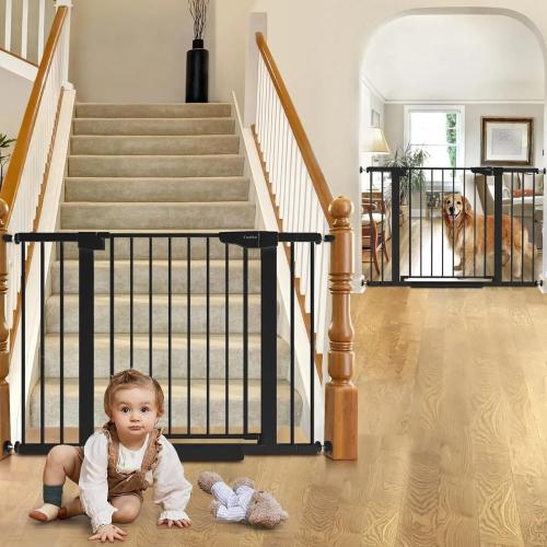 Cumbor 2 Pack 29.7-46 Baby Gate for Stairs, Mom's Choice Awards Winner-Auto Close Dog Gate for doorways, Easy Install Pressure Mounted Pet Gates indoor, Easy Walk Thru Wide Safety Gate for Dog, Black