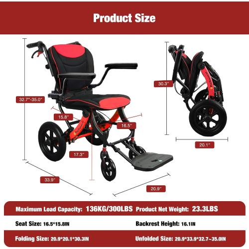 Wheelchairs for Adults,Transport Wheelchair Lightweight Foldable with Removable Cushion,Ergonomic Transfer Chair with 11-inch Rear Wheels for All Terrains,Travel Wheelchair,Red