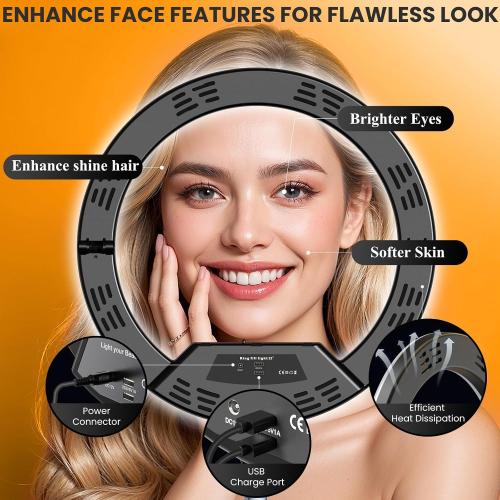 22 Large Ring Light with Stand, Upgraded Foldable LED Big Ringlight with 75 Tripod & Mini Tripod Wheel Tray for Live Tattoo Makeup Video Recording Barber Photography