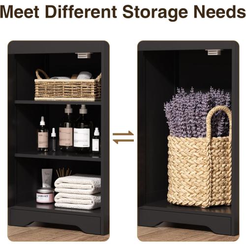 Size 67H Color Black Bathroom Storage Cabinet with Rattan Doors and Slide Storage, Tall Narrow Standing Tower Cabinet with Adjustable Shelves, Small Bathroom Floor Organizer for Entryway, Kitchen, Black