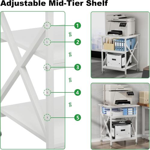 Ollieroo 3 Tier Printer Stand, Large Table with Wheels, Rolling Cart with Height Adjustable Middle Storage Shelf, 23.6 x 23.6 x 30.3 Inches Shelf for Home Office, White