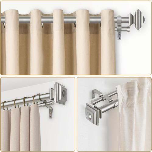 KAMANINA 1 Inch Double Curtain Rods 36 to 72 Inches (3-6 Feet) Telescoping Dark Silver Curtain Rod for Windows 24 to 68 Inches, Heavy Duty Drapery Rods with Square Finials