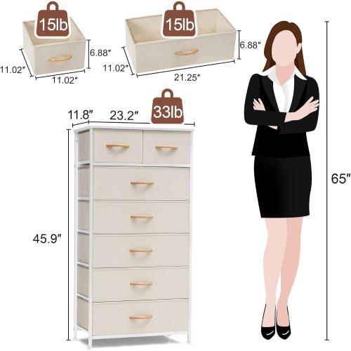 Crestlive Products Vertical Dresser Storage Tower - Sturdy Steel Frame, Wood Top, Easy Pull Fabric Bins, Wood Handles - Organizer Unit for Bedroom, Hallway, Entryway, Closets - 7 Drawers (Beige)