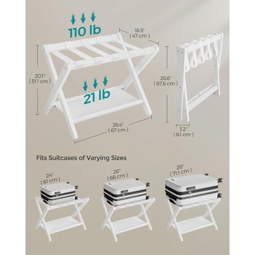 SONGMICS Luggage Rack, Set of 2, Folding Suitcase Stand with Storage Shelf, for Guest Room, Hotel, Bedroom, Heavy-Duty, Holds up to 131 lb, Cloud White URLR007W02