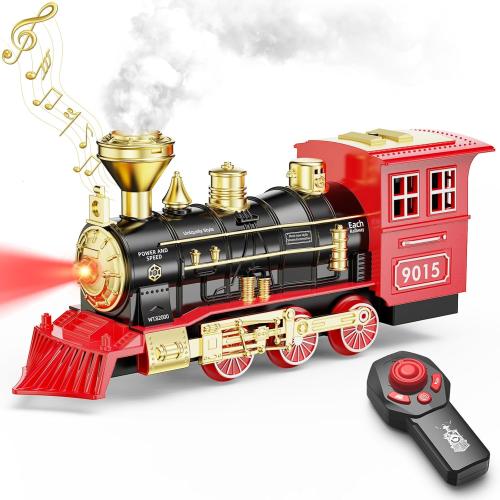 Hot Bee Remote Control Train Locomotive, Train Steam Engine Toy w/Smoke, Lights & Sounds, Christmas Trains Toys Gifts for 3 4 5 6 7 8  Years Old Kids