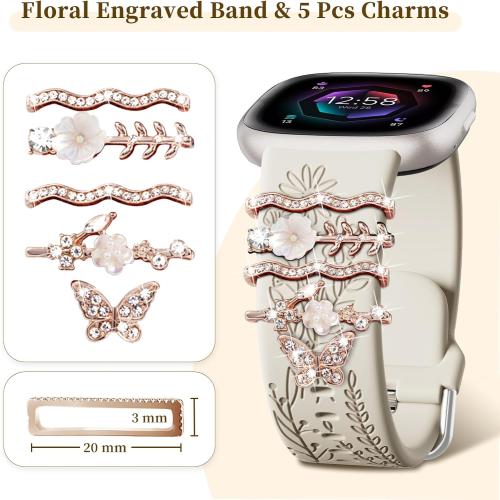 Wildflower Engraved Bands Compatible with Fitbit Sense 2, Versa 4/3, Sense Band with Charms, Soft Silicone Replacement Wristbands Strap with Cute Decorative Rings Accessories for Women