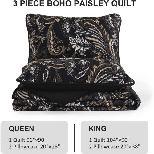WONGS BEDDING Boho Quilt Set Queen,Black Paisley Floral Pattern Bedspread Coverlet Set with 2 Pillowcases,3 Piece Lightweight Microfiber Bohemian Quilt Bedding Set 96×90