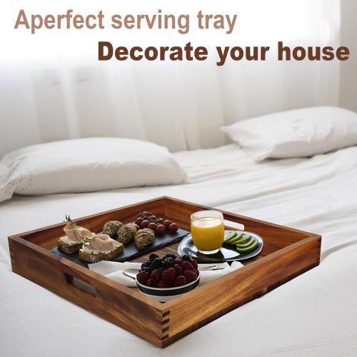 YIFAN 20 * 20Inches Walnut Wooden Ottoman Tray with Handles,Square Coffee Table Serving Tray for Home Decor,Couch Table for Party,Patio Breakfast Trays for Bed no Legs