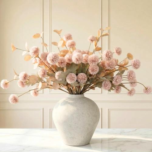 Artificial Flowers for Vase - 12 Stems Beige Faux Silk Mums with Eucalyptus