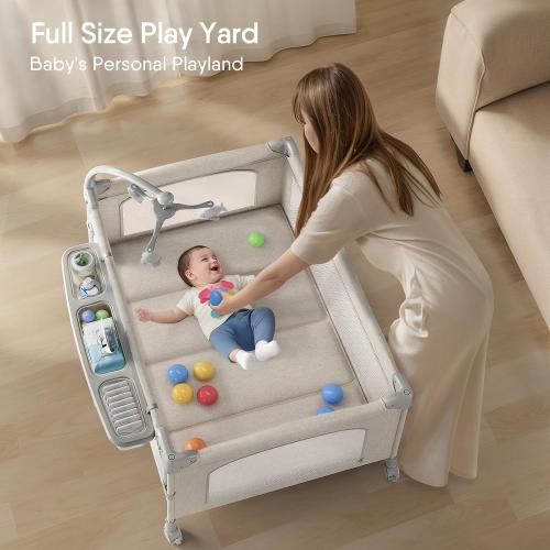 TinyGlow Baby Bassinet, Pack and Play, Bedside Crib Sleeper, Diaper Changer | Quickly Assembles and Folds, Portable Crib with Mattress,Mosquito Net and Toys Bar, Easy to Carry for Newborn to Toddler