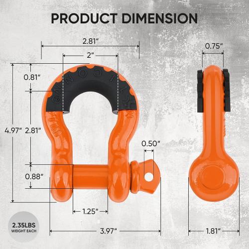 TICONN 2 Pack D Ring Shackle with 7/8 Screw Pin 57,000Ibs Break Strength, 3/4 Heavy Duty Shackles with Isolator & Washers for Tow Strap Winch Off Road Vehicle Recovery (Orange/Black)