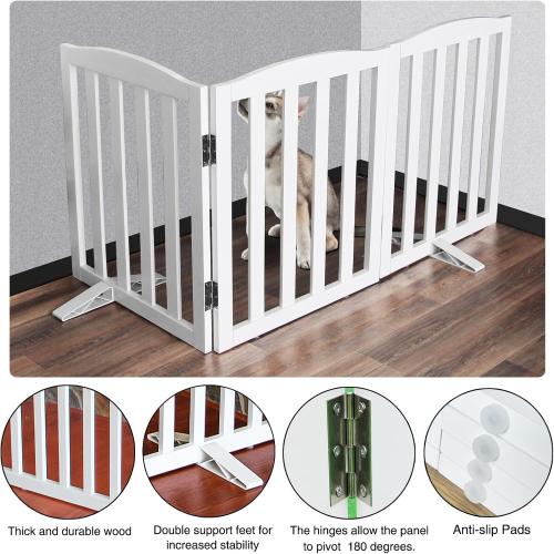 WHITE ZJSF Foldable Freestanding Indoor Dog Gate for House Wood White Long Pet Gates Dog Fence for Stairs Puppy Gates for Hallways,Pet Fence, Puppy Gate,Support Feet Included 24 Height-3 Panels