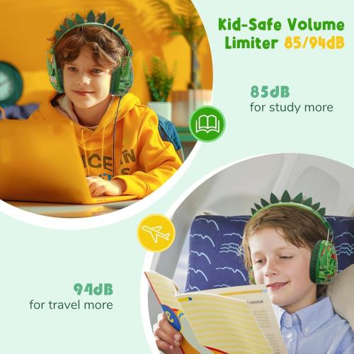 Color Green TCJJ Dinosaur Headphones for Boys to School, Kids Wired Headphones with Mic & 3.5mm Jack, Safe Volume 85/94dB,Noise Cancelling Over-Ear Headphone with Adjustable Headband for iPad/Smartphones-Green
