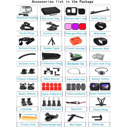 Husiway Accessories Kit for Gopro Hero 13 12 11 10 9 Black Waterproof Housing Silicone Case Glass Screen Protector Bundle for Go pro Gopro13 Gopro12 Gopro11 Gopro10 Hero13 Hero12 Hero11 Hero10 Camera 62E