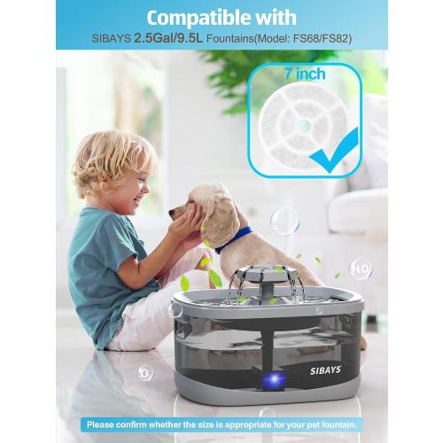 SIBAYS 6 Pack 7 Large Cat Water Fountain Filters Replacement for 2.5Gal/9.5L Dog Water Fountain(FS68/FS82) with 4 Layers Filtration System, Made of Coconut Shell Activated Carbon and PP Cotton L03
