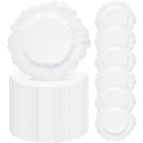 50 Pcs White Charger Plates Bulk 13 Inch Plastic Plate Chargers with Floral Reef Design Round Ruffled Rim Dinner Floral Decorative Plates for Dinner Wedding Party Event Table Setting Decoration