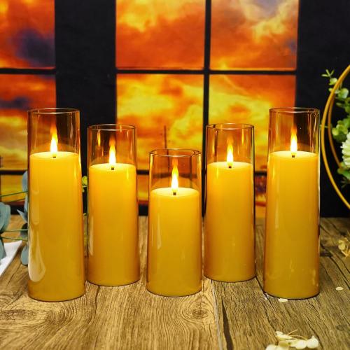 Flickering Flameless Candles Battery Operated with Remote and 2/4/6/8 H Timer Acrylic Led Pillar Candles Pack of 9 (appr D2.3xH5.56.57.5)with Realistic 3D Wick Candles for Home Decor(Gold)