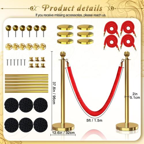 6PCS Gold Stanchions Posts with 4PCS 5 ft Red Velvet Rope, Red Velvet Rope Stanchion Set Crowd Control Barriers, Stanchions and Velvet Ropes Red Carpet Poles for Party Supplies