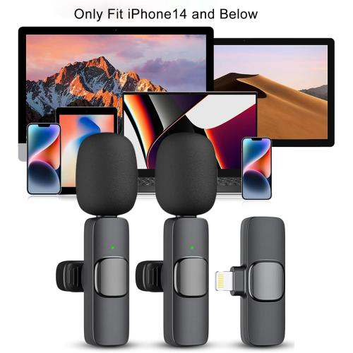 Microphone for iPhone, 2 Pack Wireless Microphones, Mini Mic, Lavalier, Recording Lapel Mic, Plug-Play, Clip On Microphone with Noise Reduction for Interview/Tiktok (for iPhone14 and Below)