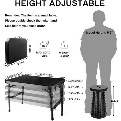KPR Retractable Small Folding Table and Stool Set, Portable Camping Foldable Table Lightweight Yet More Sturdy with Adjustable Stool for Outdoor Picnic, Beach, Camp, Also Ideal as Laptop Bed Desk