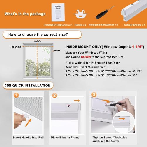 Persilux No Tools No Drill Light Filtering Cellular Shades for Windows Cordless Top Down Bottom Up Honeycomb Blinds,Easy to Install Cellular Blinds for Indoor Windows, White, 31 W x 64 H