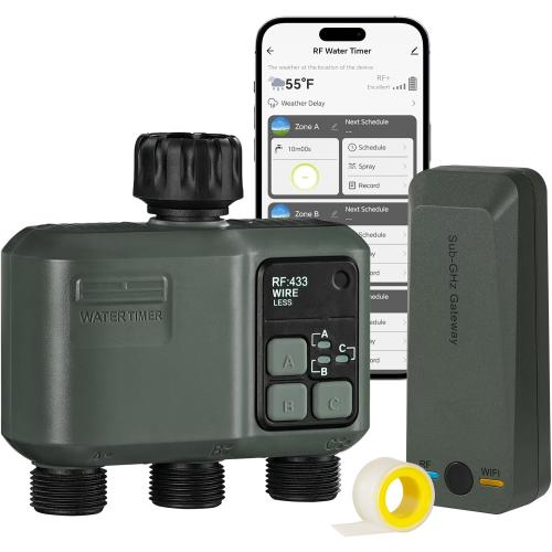 WiFi Water Timer for Garden Hose, Sprinkler Timer 3 Zone, 984ft RF Range, 3 Outlet Smart Hose Watering with APP WiFi Irrigation Controller, Automatic Irrigation System/Rain Delay/Manual Watering