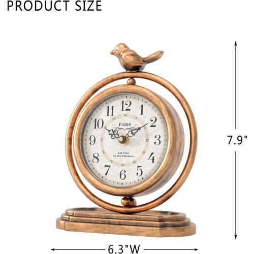 Gold Vintage Table Clock with Bird, European Retro Style Mantel Clocks, Desk and Shelf Decor Clock, for Living Room, Farmhouse, Bedside, Bedroom, Gift (7.9 H x 6.3 W)