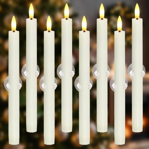 8pcs 0.78 x10 Plastic LED Ivory Flameless Window Candles with Sensors from Dusk to Dawn, Battery Operated Flickering Taper Warm Glow for Festival Decoration with Suction Cups