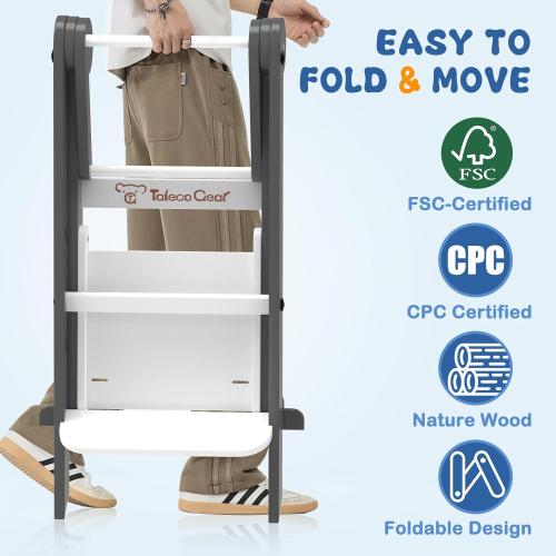 Foldable Toddler Tower, Toddler Kitchen Stool Helper with Safety Net, Wooden Kitchen Step Stool for Toddlers with Adjustable Height, Standing Tower for Learning and Cooking(Blue)